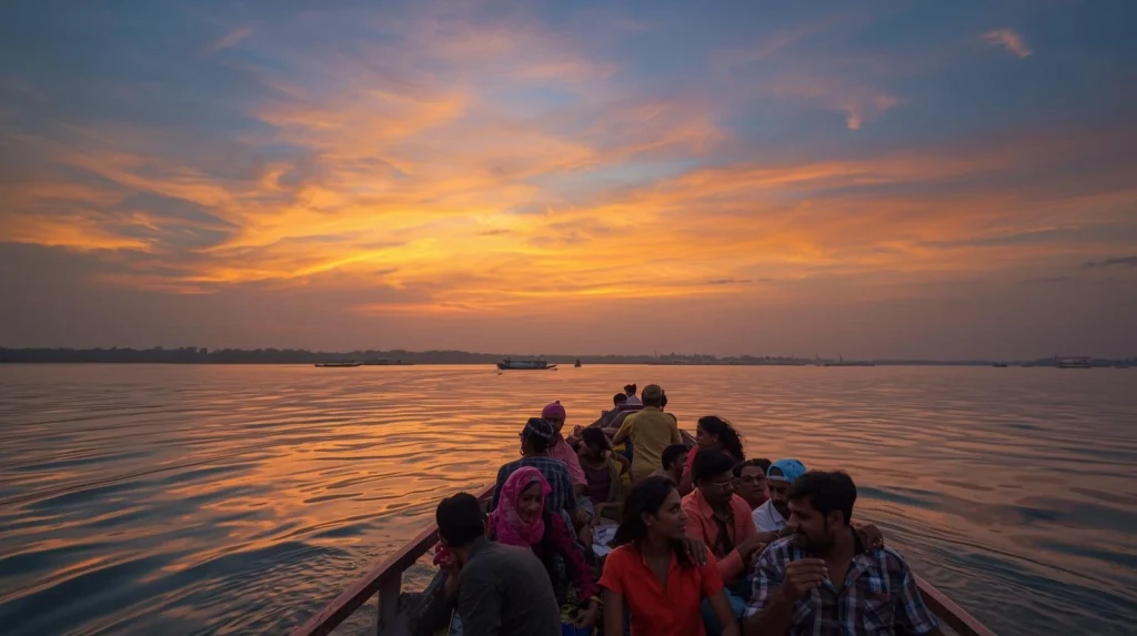 Tourists on a boat ride in Ganga during sunrise.